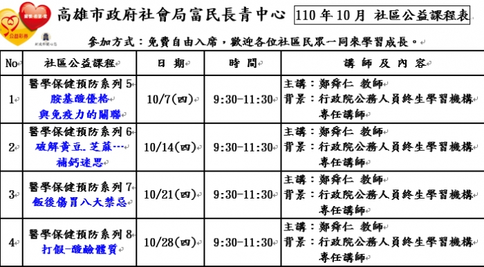 110年10月社區公益講座 開始接受預約